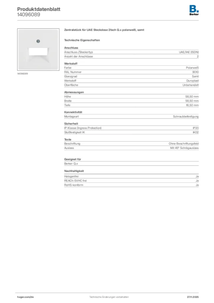 Bild Berker Produktdatenblatt 14096089 | Hager Deutschland