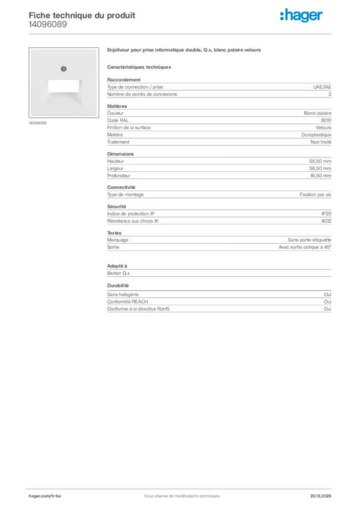 Image Hager Fiche technique du produit 14096089 | Hager Belgique