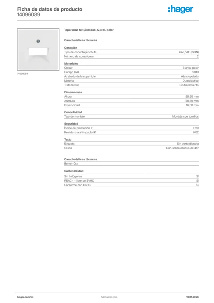 Imagen Hager Ficha de datos de producto 14096089 | Hager España