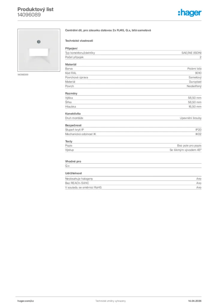 Obrázek Hager Product data sheet 14096089 | Hager