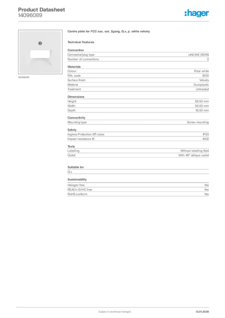 Image Hager Product data sheet 14096089  | Hager