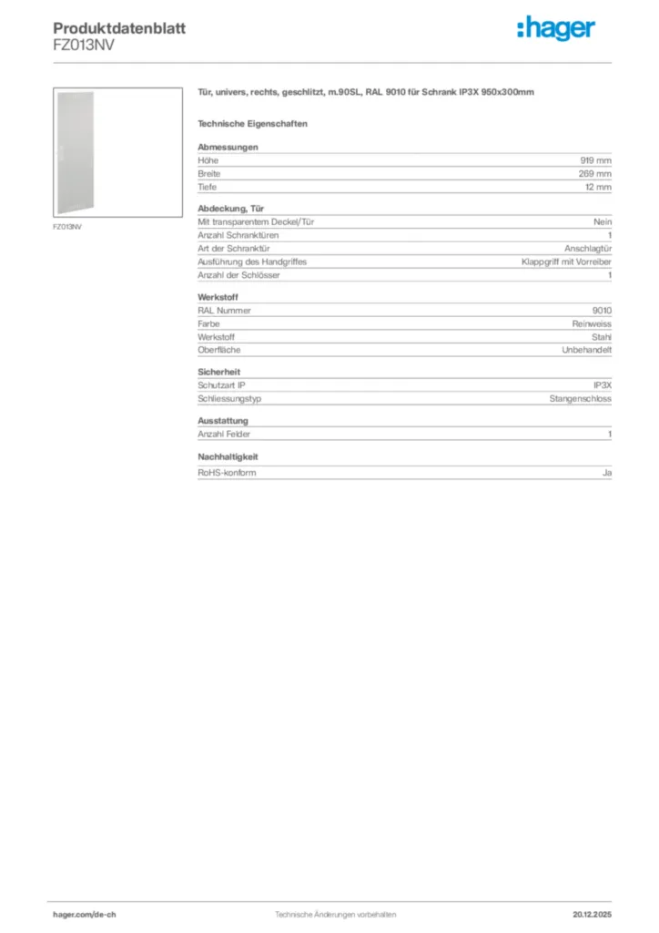 Bild Hager Produktdatenblatt FZ013NV | Hager Schweiz
