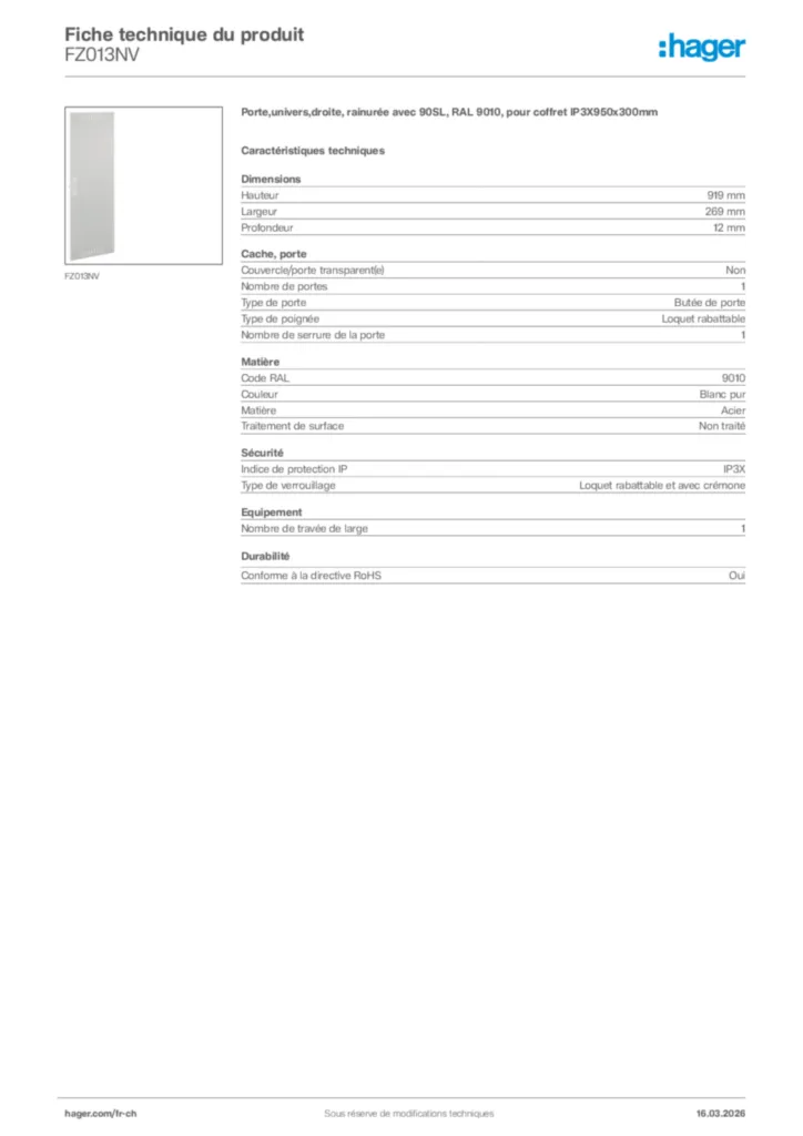 Image Hager Fiche technique du produit FZ013NV | Hager Suisse