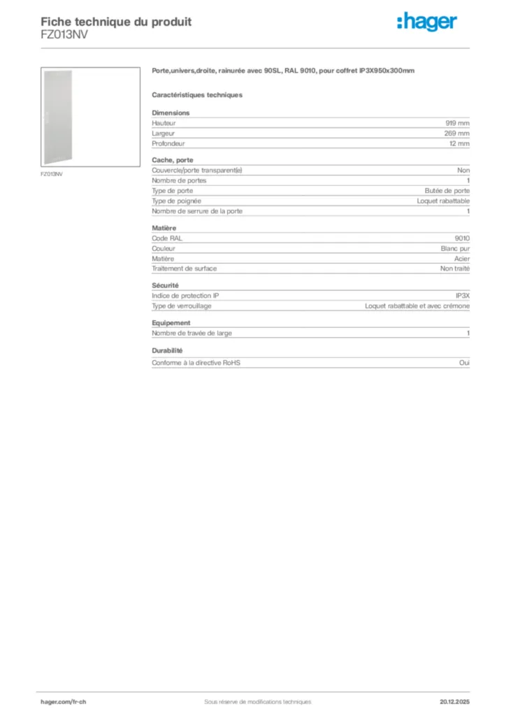 Image Hager Fiche technique du produit FZ013NV | Hager Suisse