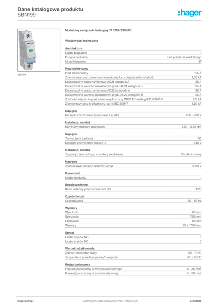 Zdjęcie Hager Karta katalogowa SBN199 | Hager Polska