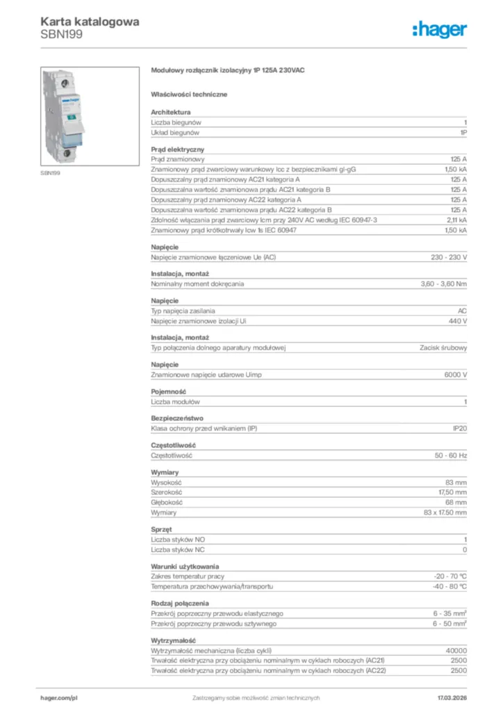 Zdjęcie Hager Karta katalogowa SBN199 | Hager Polska