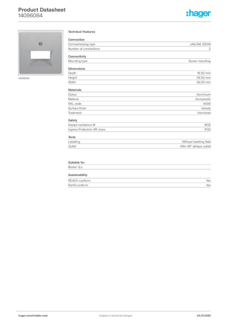 Image Hager Product data sheet 14096084  | Hager