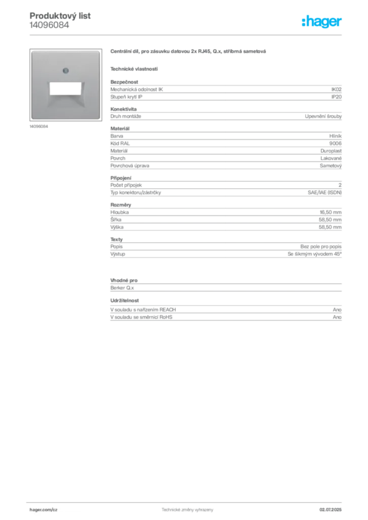 Obrázek Hager Produktový list 14096084 | Hager