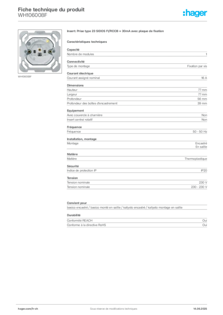 Image Hager Fiche technique du produit WH106008F | Hager Suisse