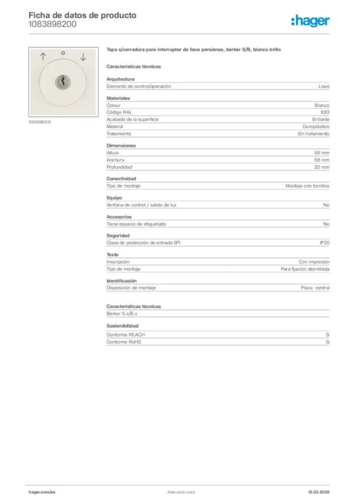 Imagen Hager Ficha de datos de producto 1083898200 | Hager España