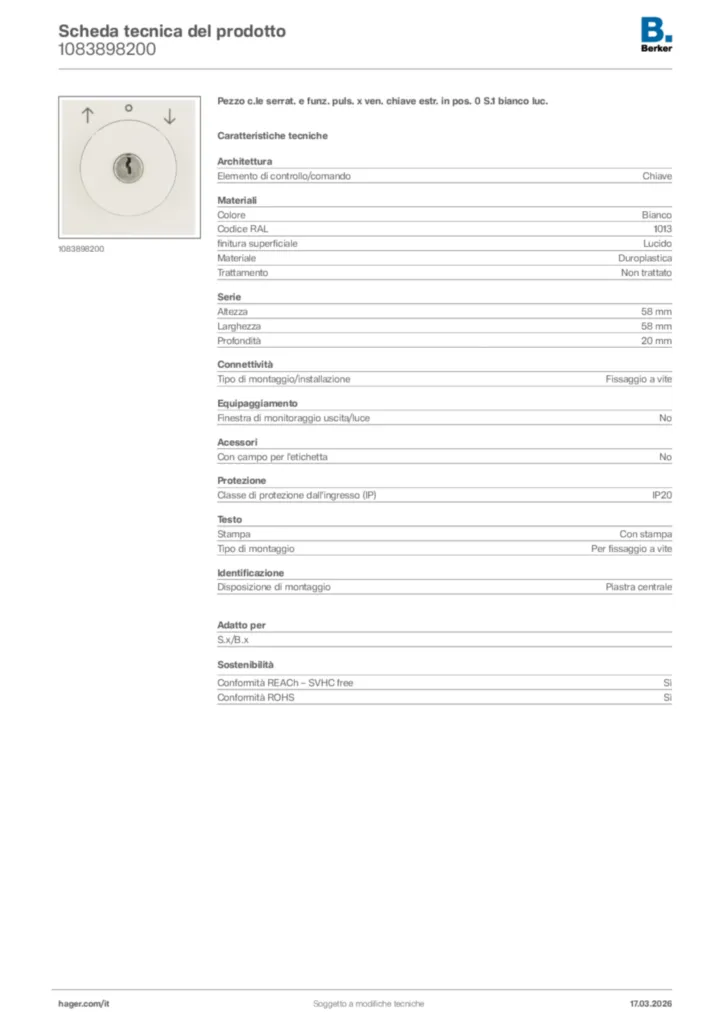 Immagine Berker Scheda tecnica del prodotto 1083898200 | Hager Italia