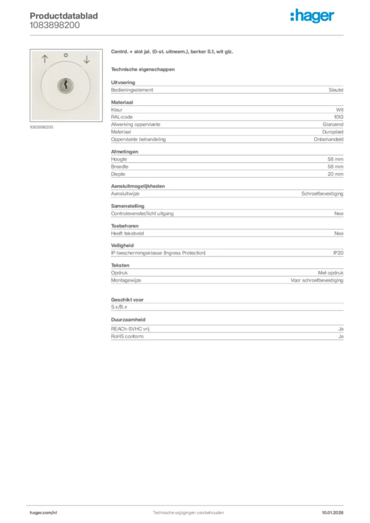 Afbeelding Hager Productdatablad 1083898200 | Hager Nederland