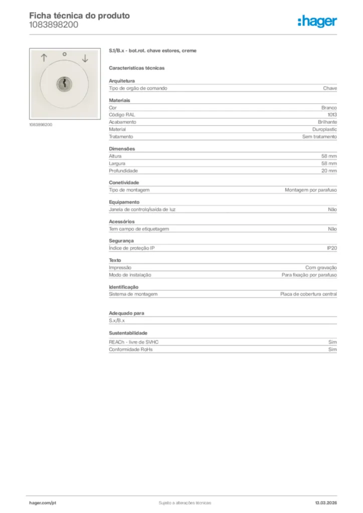 Imagem Hager Ficha técnica do produto 1083898200 | Hager Portugal