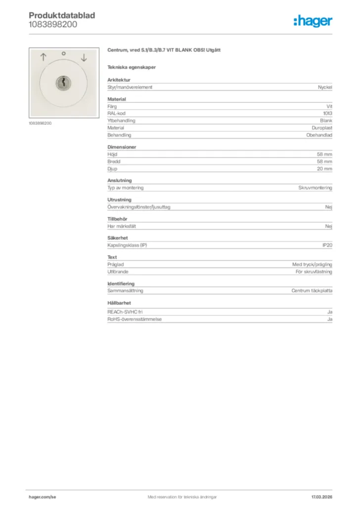 Bild Hager Produktdatablad 1083898200 | Hager Sverige