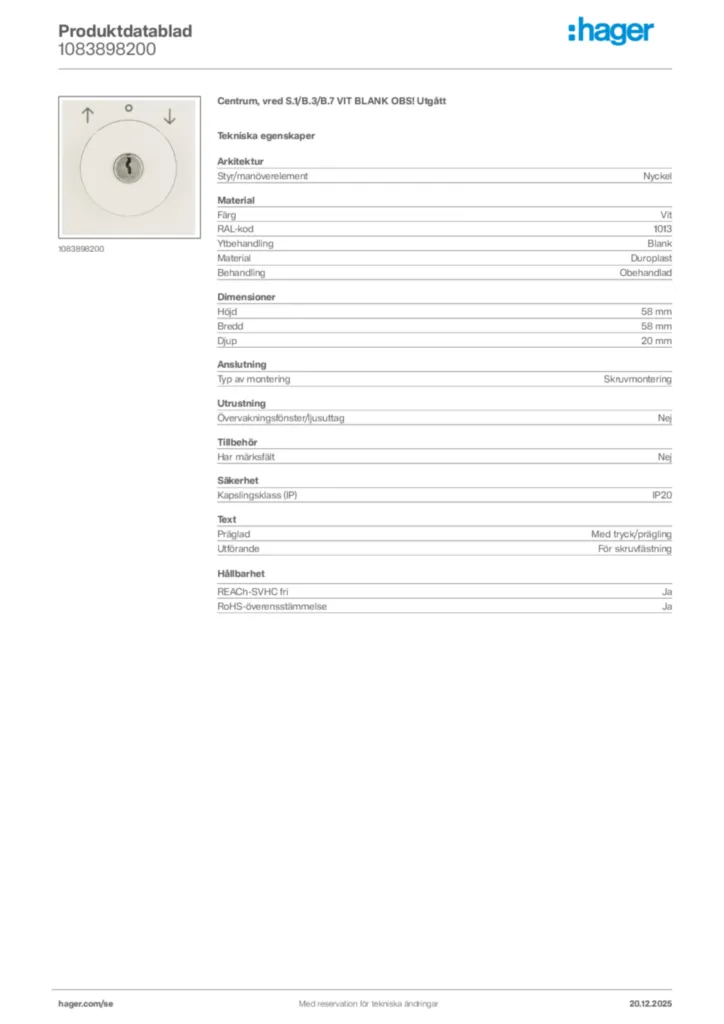 Bild Hager Produktdatablad 1083898200 | Hager Sverige
