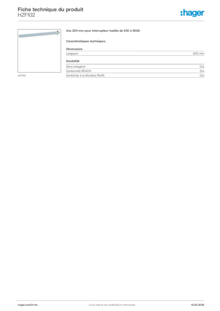 Image Hager Fiche technique du produit HZF102 | Hager Belgique