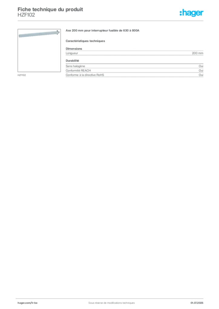 Image Hager Fiche technique du produit HZF102 | Hager Belgique