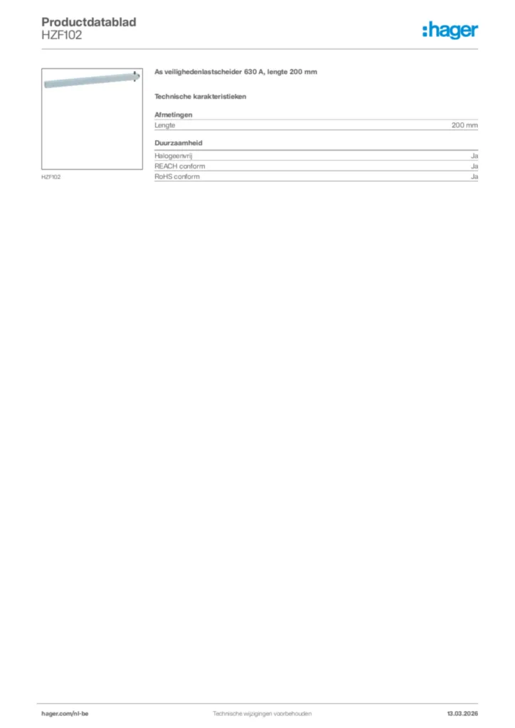 Afbeelding Hager Productdatablad HZF102 | Hager Belgium