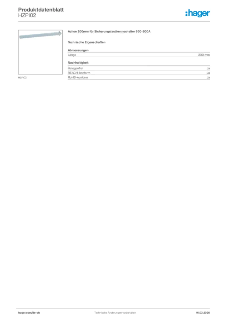 Bild Hager Produktdatenblatt HZF102 | Hager Schweiz