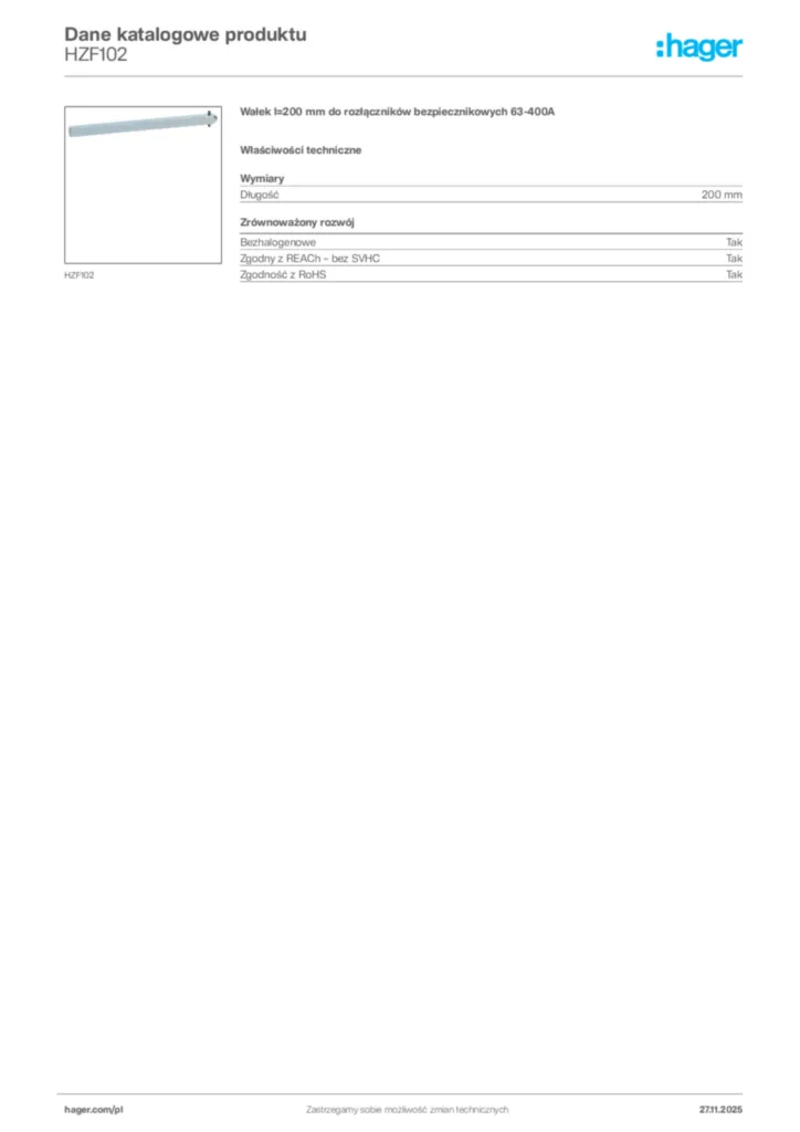 Zdjęcie Hager Karta katalogowa HZF102 | Hager Polska
