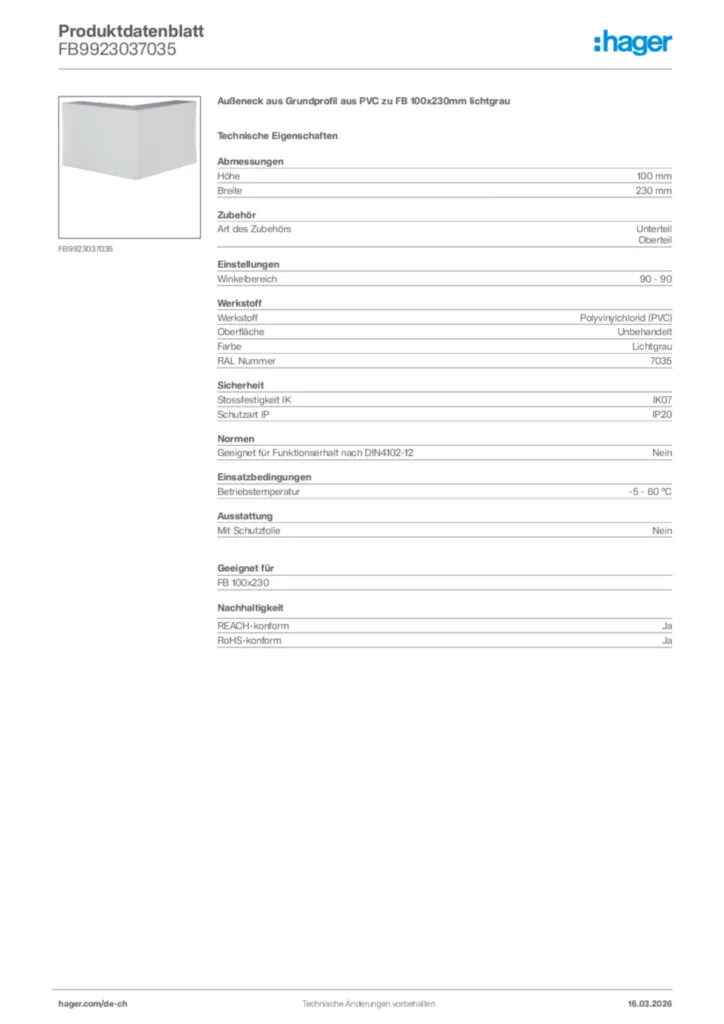 Bild Hager Produktdatenblatt FB9923037035 | Hager Schweiz