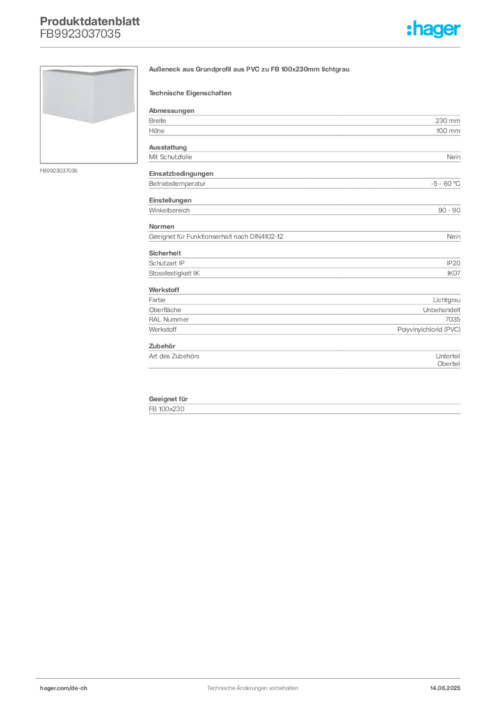 Bild Hager Produktdatenblatt FB9923037035 | Hager Schweiz