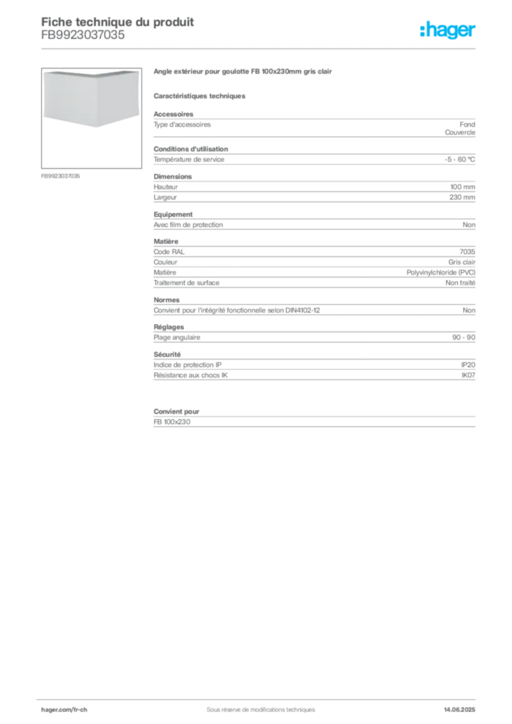 Image Hager Fiche technique du produit FB9923037035 | Hager Suisse