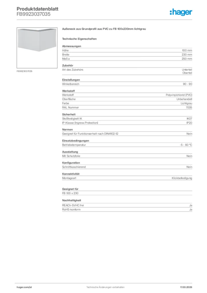 Bild Hager Produktdatenblatt FB9923037035 | Hager Deutschland