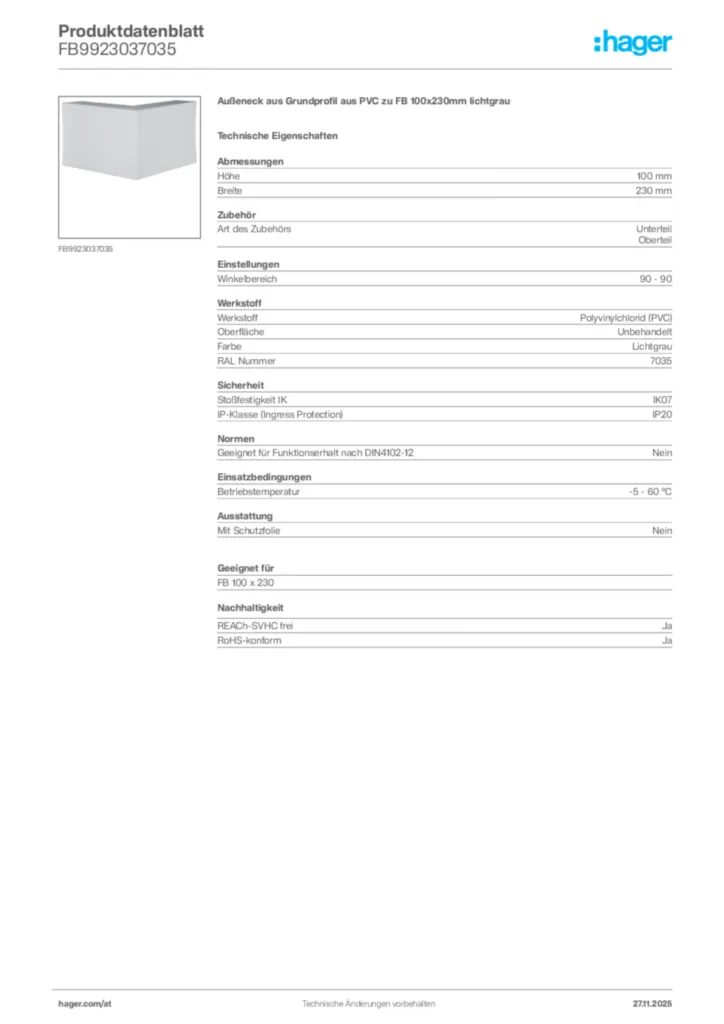 Bild Hager Produktdatenblatt FB9923037035 | Hager Deutschland