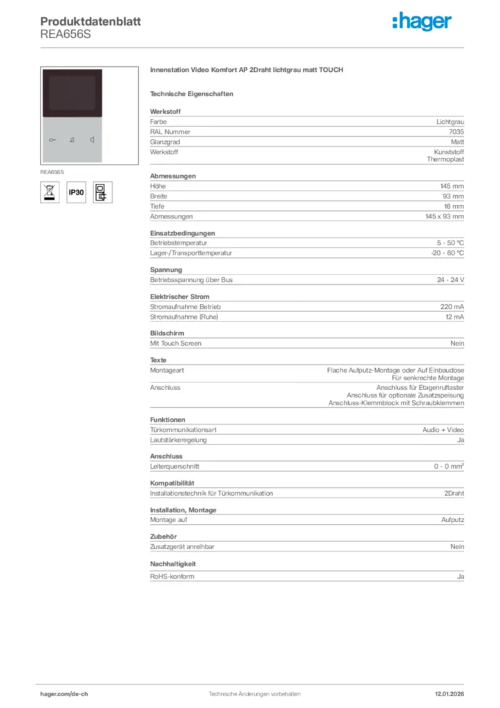 Bild Hager Produktdatenblatt REA656S | Hager Schweiz