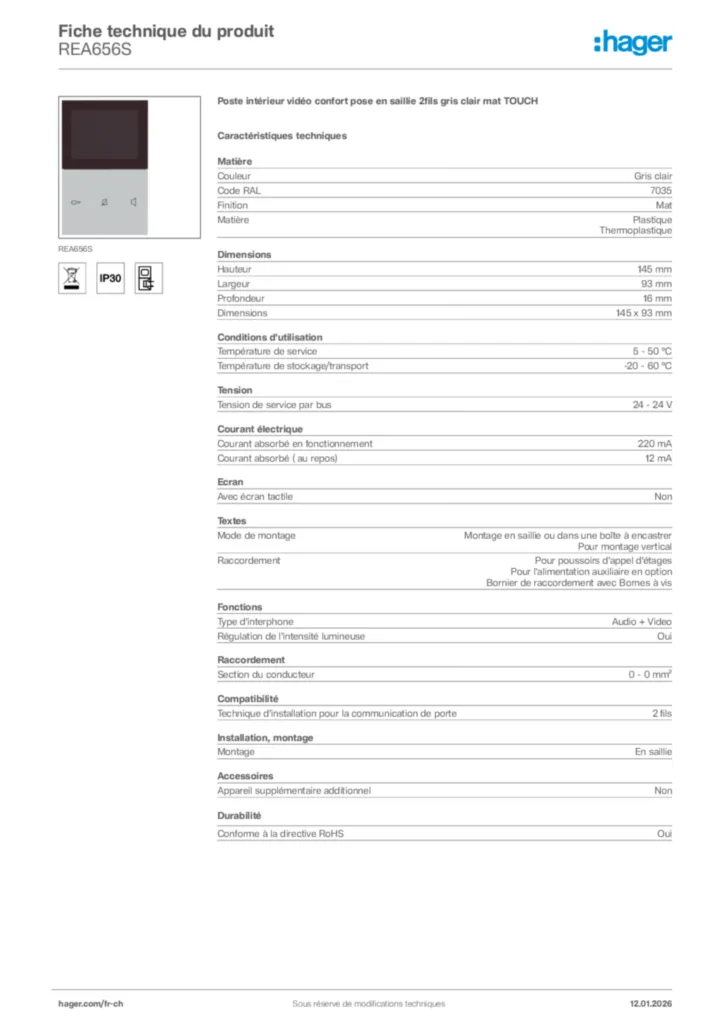 Image Hager Fiche technique du produit REA656S | Hager Suisse