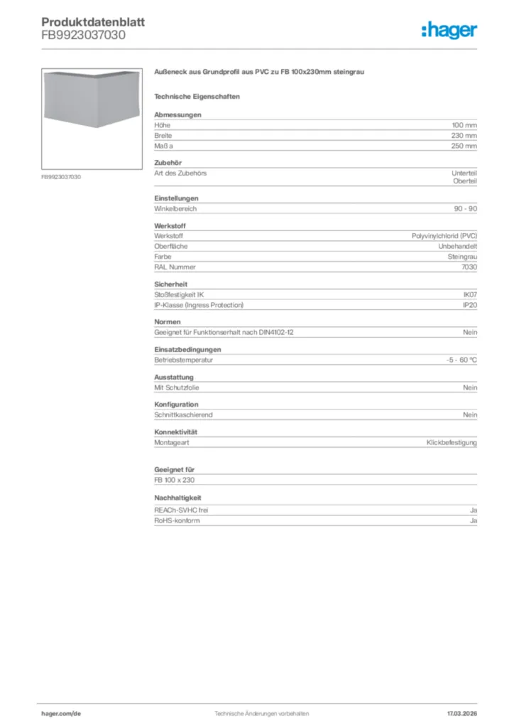 Bild Hager Produktdatenblatt FB9923037030 | Hager Deutschland