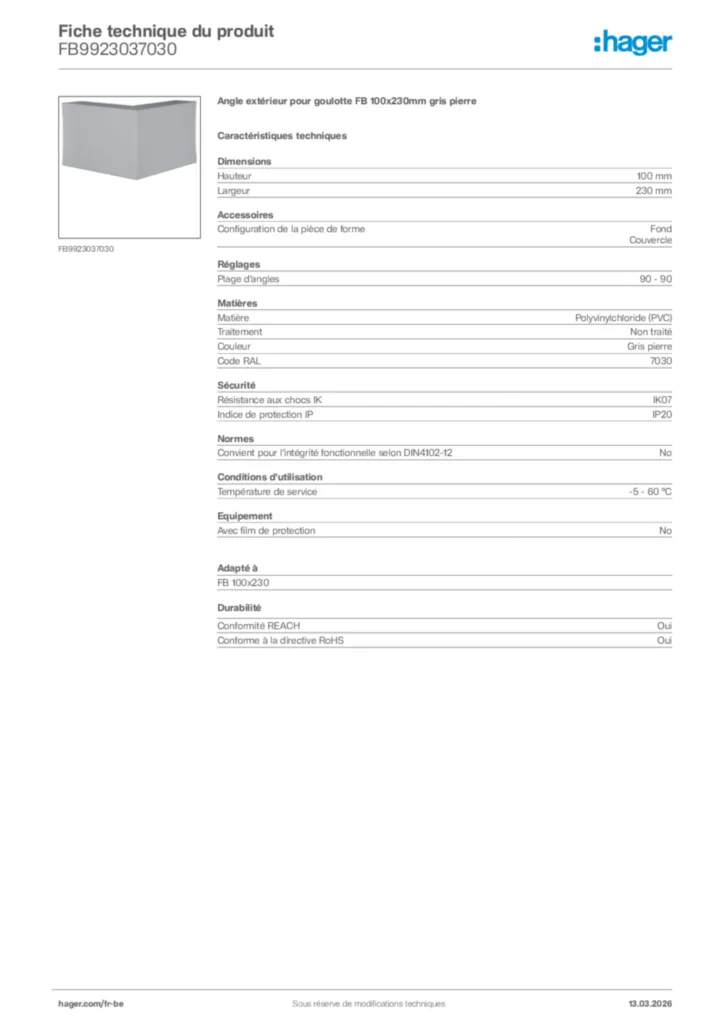 Image Hager Fiche technique du produit FB9923037030 | Hager Belgique