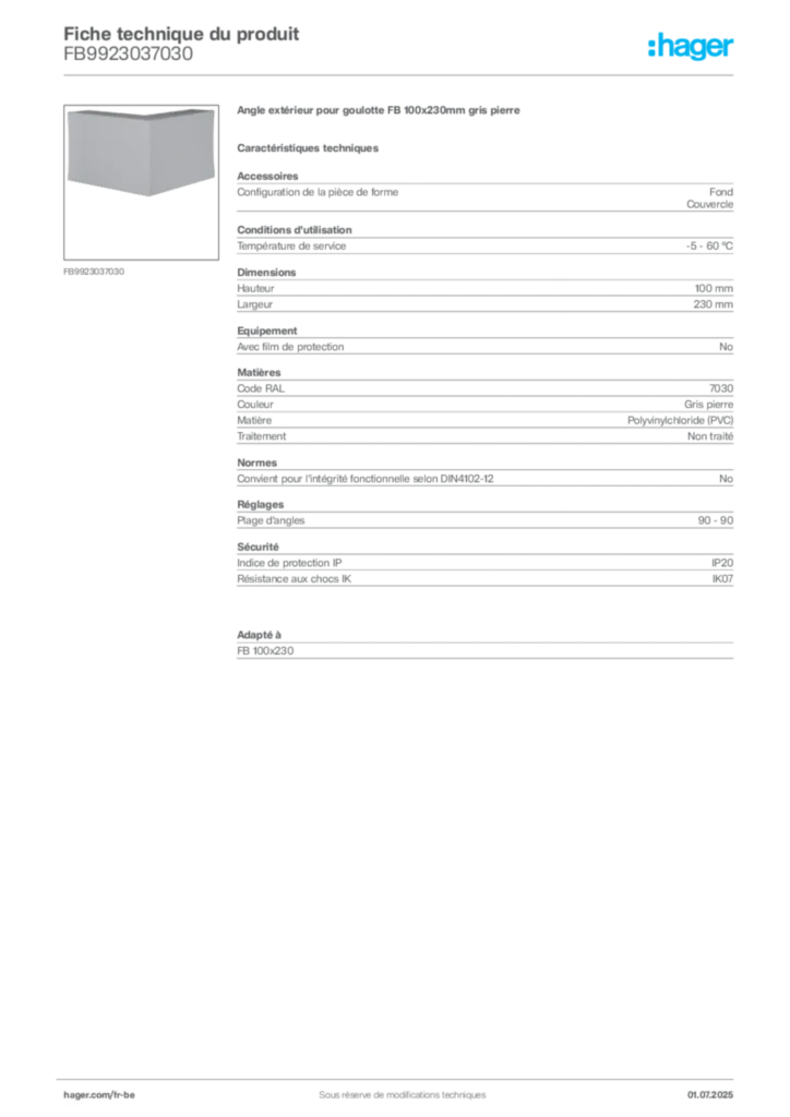 Image Hager Fiche technique du produit FB9923037030 | Hager Belgique