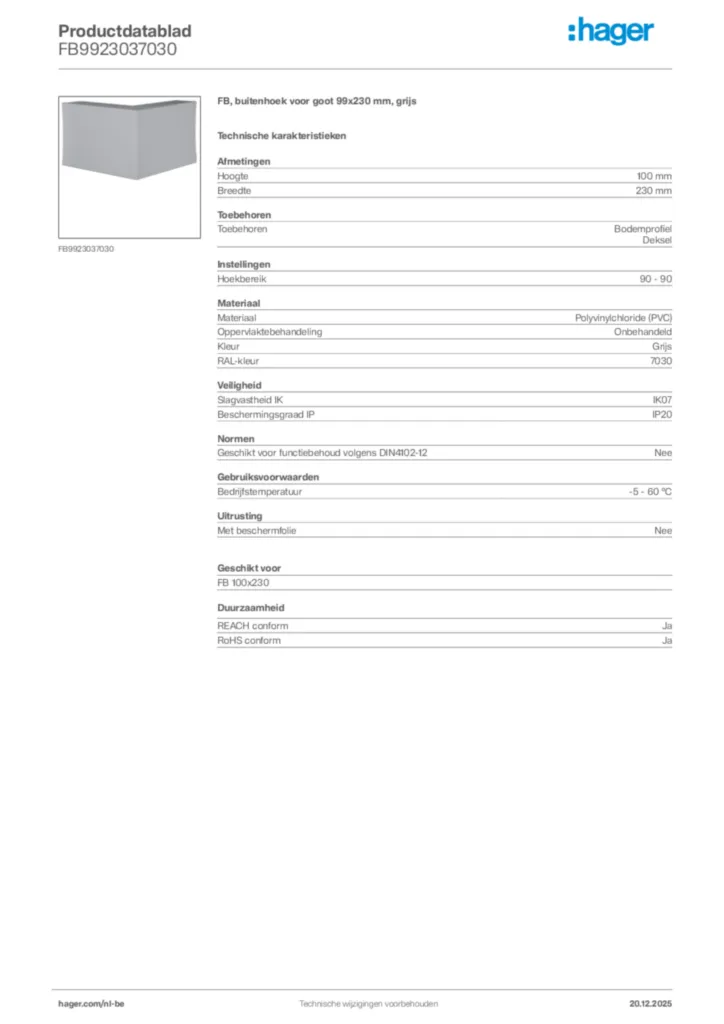 Afbeelding Hager Productdatablad FB9923037030 | Hager Belgium