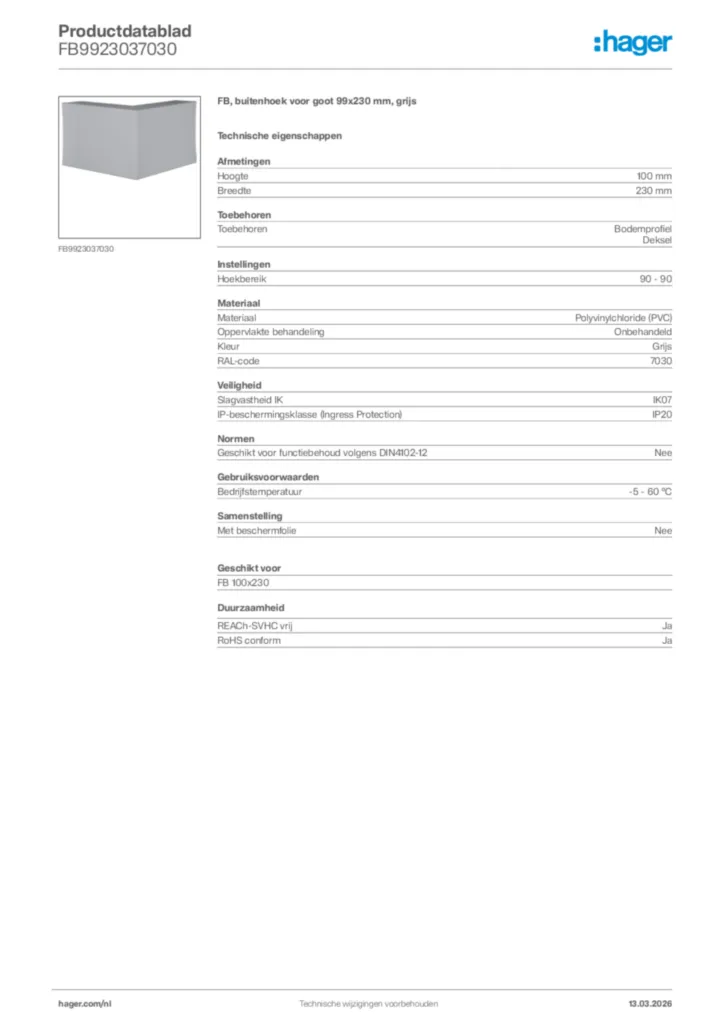 Afbeelding Hager Productdatablad FB9923037030 | Hager Nederland