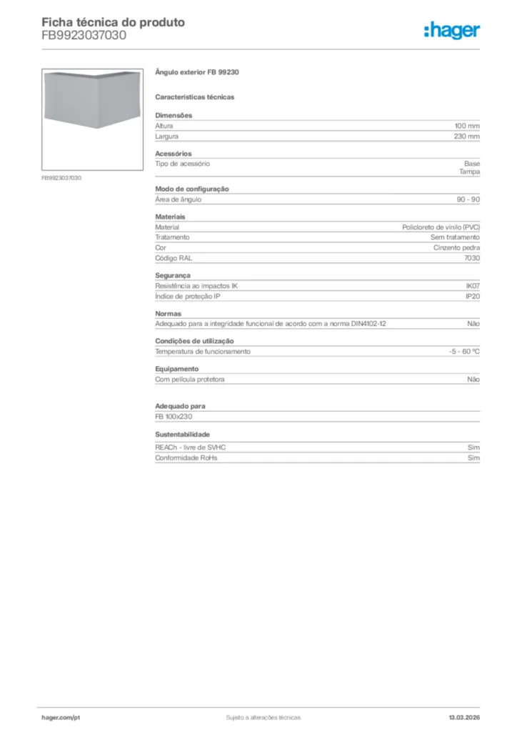 Imagem Hager Ficha técnica do produto FB9923037030 | Hager Portugal