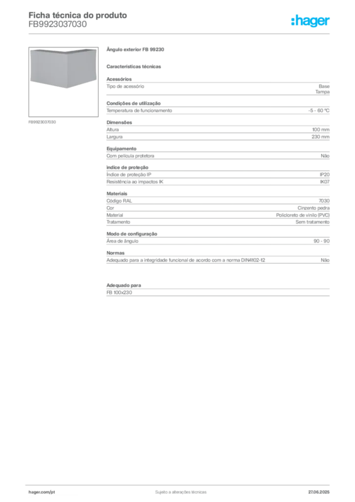 Imagem Hager Ficha técnica do produto FB9923037030 | Hager Portugal