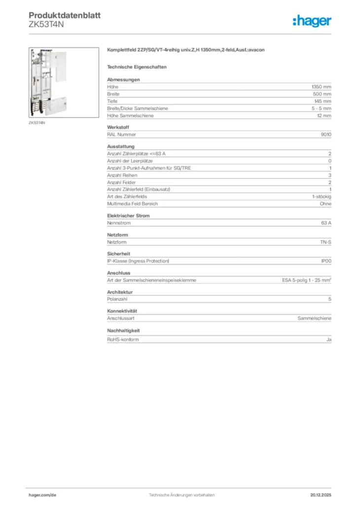 Bild Hager Produktdatenblatt ZK53T4N | Hager Deutschland