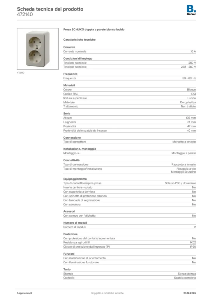 Immagine Berker Scheda tecnica del prodotto 472140 | Hager Italia