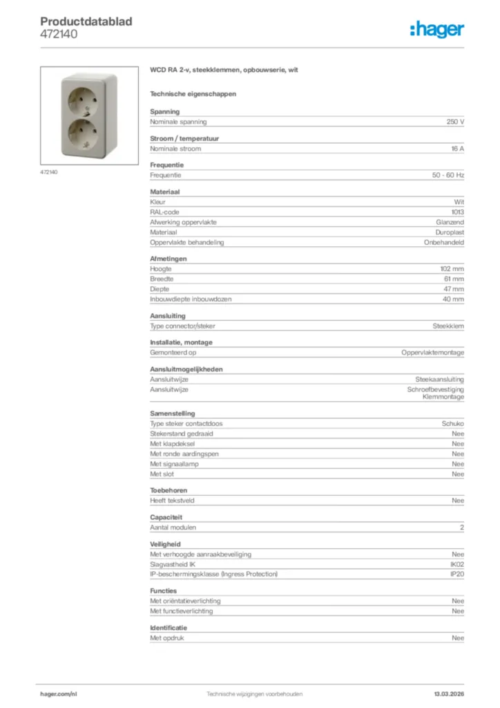 Afbeelding Hager Productdatablad 472140 | Hager Nederland