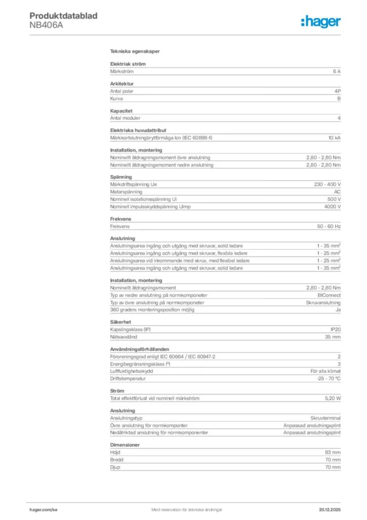 Bild Hager Produktdatablad NB406A | Hager Sverige