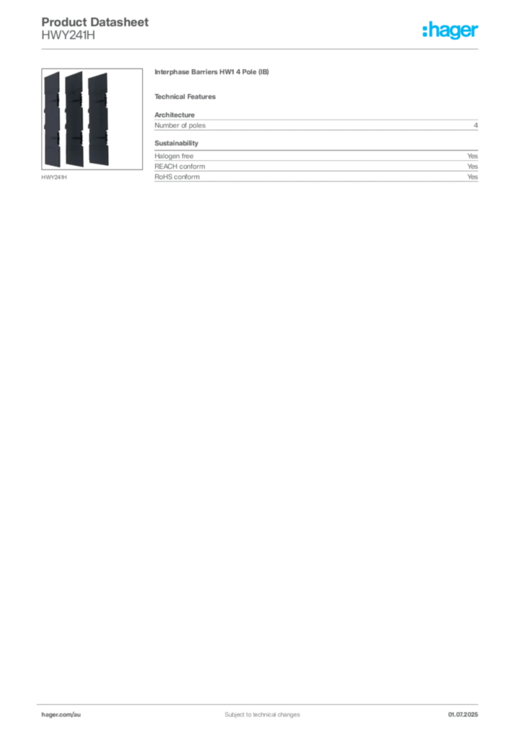 Image Hager Product data sheet HWY241H  | Hager Australia