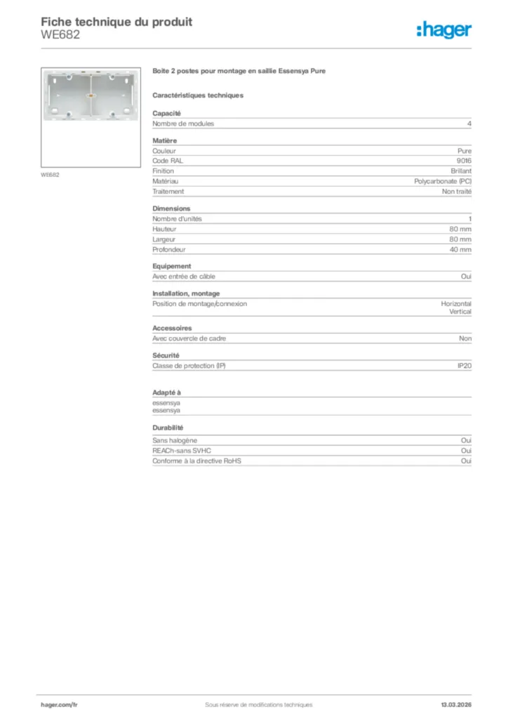 Image Hager Fiche technique du produit WE682 | Hager France