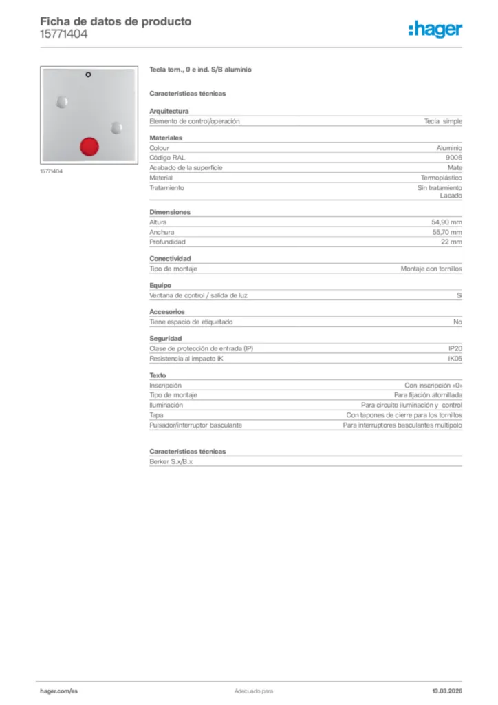 Imagen Hager Ficha de datos de producto 15771404 | Hager España