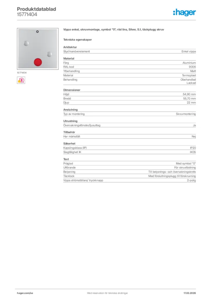Bild Hager Produktdatablad 15771404 | Hager Sverige