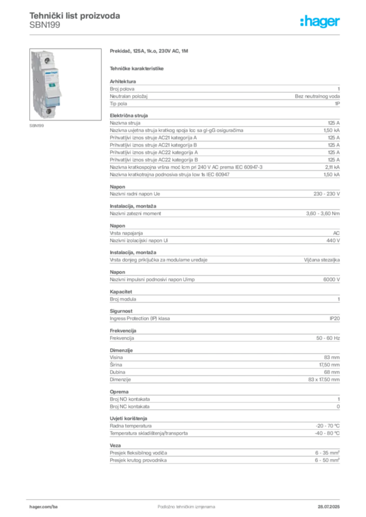 Slika Hager Product data sheet SBN199  | Hager
