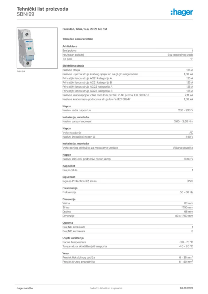 Slika Hager Tehnički list proizvoda SBN199  | Hager
