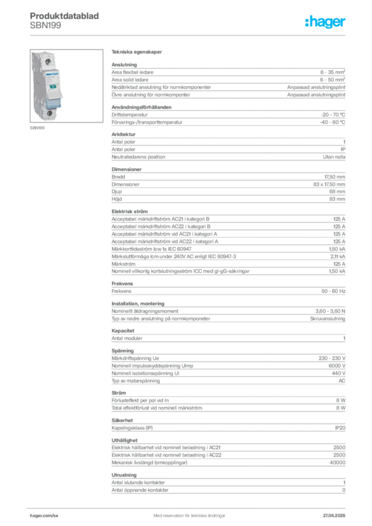 Bild Hager Produktdatablad SBN199 | Hager Sverige