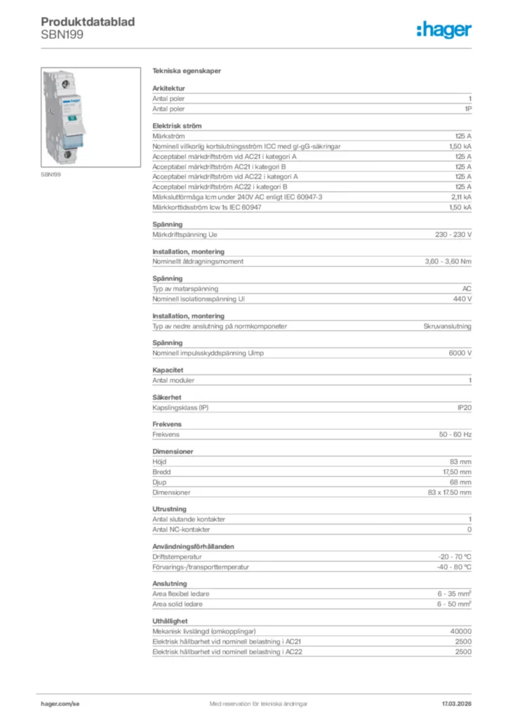 Bild Hager Produktdatablad SBN199 | Hager Sverige